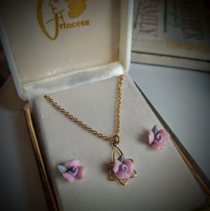 Pink Rose Necklace and Earring Set
